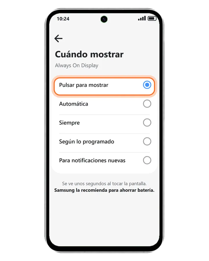 Galaxy A56 5G en Always On Display, Cuándo mostrar, con Pulsar para mostrar elegida