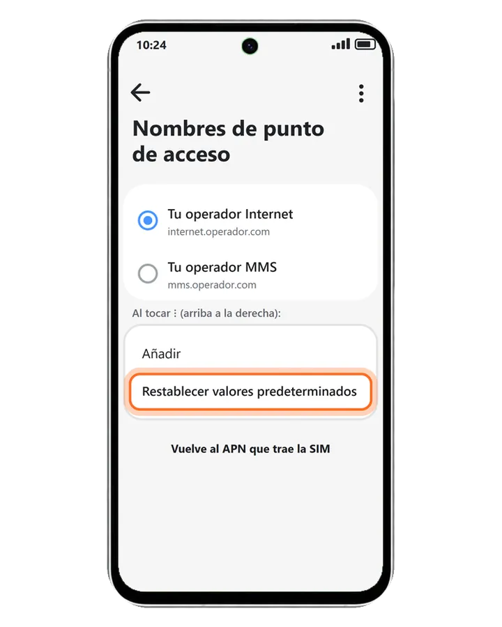 Galaxy A56 5G en Nombres de punto de acceso, con la opción Restablecer valores predeterminados