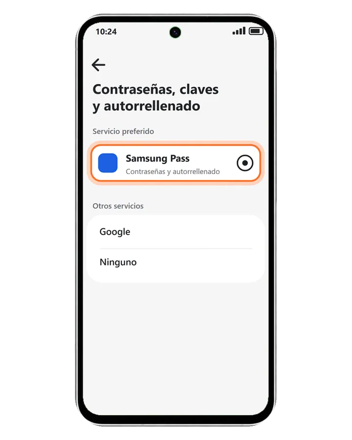 Galaxy A56 5G en Contraseñas, claves de acceso y autorrellenado, con Samsung Pass como servicio preferido