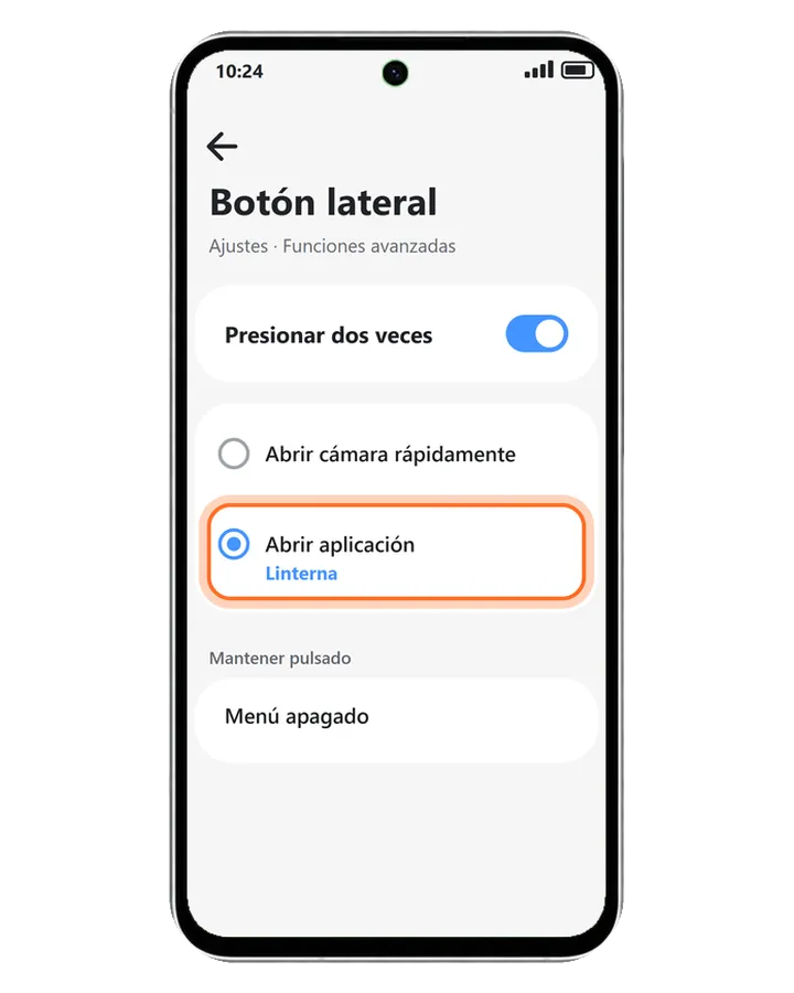 Galaxy A56 5G en Funciones avanzadas, Botón lateral: Presionar dos veces activado y Abrir aplicación con Linterna elegida