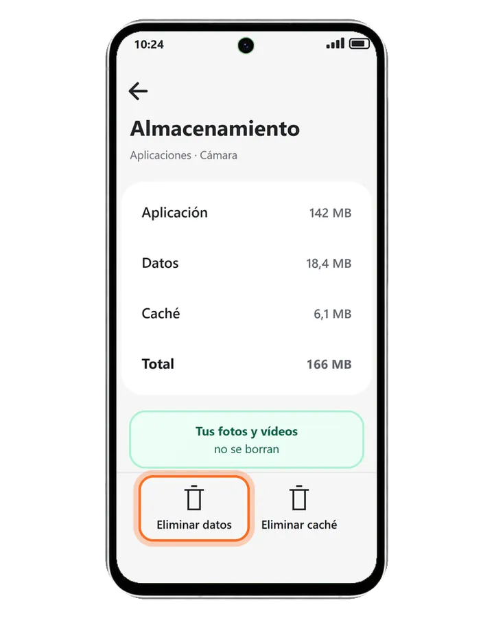 Galaxy A56 5G en Ajustes, Aplicaciones, Cámara, Almacenamiento, con Eliminar datos marcado y el aviso de que las fotos no se borran