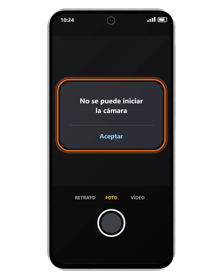 Galaxy A56 5G con la cámara en negro y el aviso No se puede iniciar la cámara con el botón Aceptar