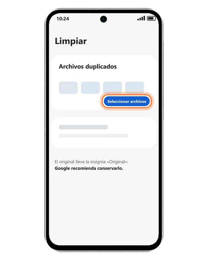 Galaxy A56 5G en Files by Google, Limpiar, con la tarjeta Archivos duplicados y Seleccionar archivos