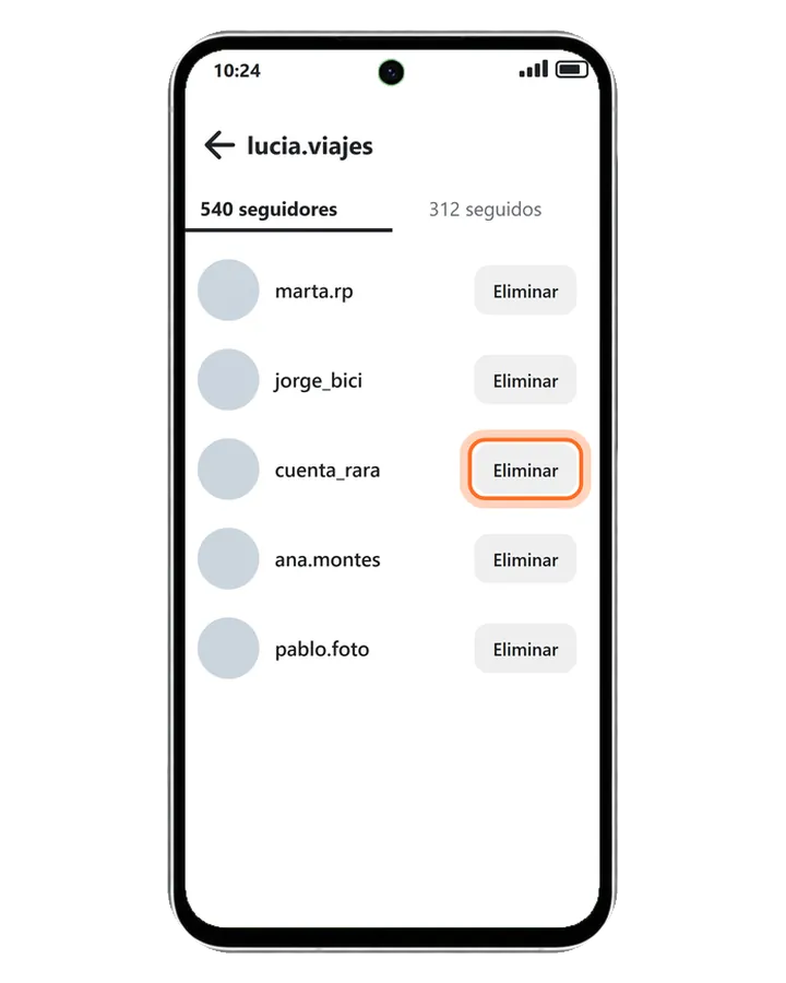 Galaxy A56 5G con la lista de seguidores de Instagram y el botón Eliminar junto a cada cuenta