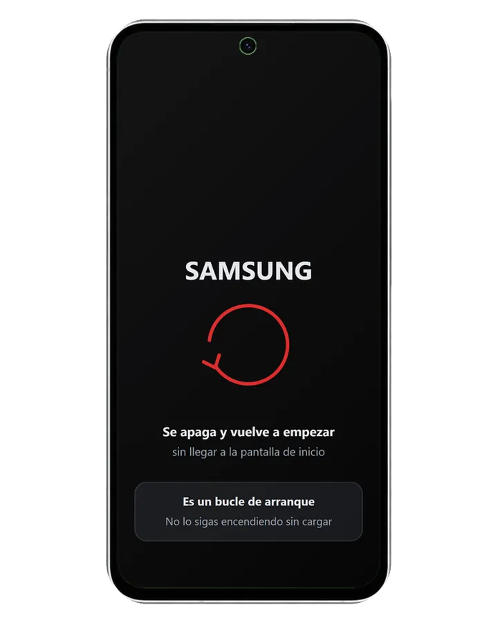 Galaxy A56 5G con el logotipo de Samsung y una flecha circular: se apaga y vuelve a empezar sin terminar de arrancar