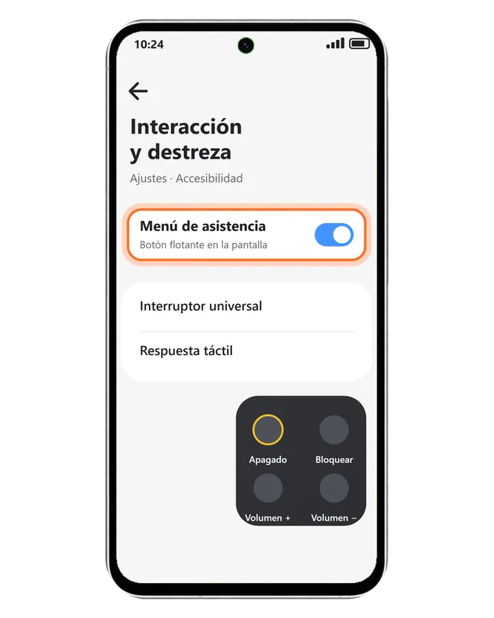 Galaxy A56 5G en Accesibilidad, Interacción y destreza, con el Menú de asistencia activado y el menú flotante abierto