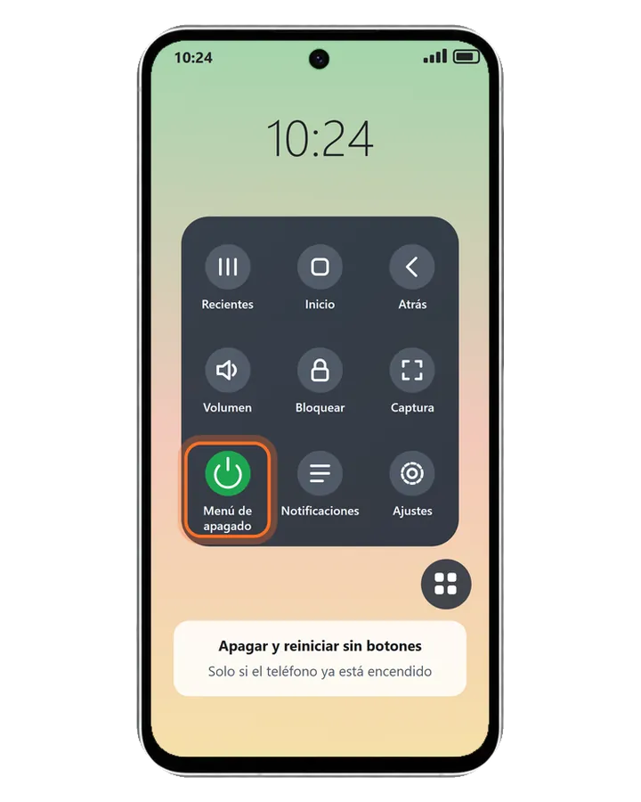 Galaxy A56 5G con el Menú de asistencia abierto y la opción Menú de apagado marcada