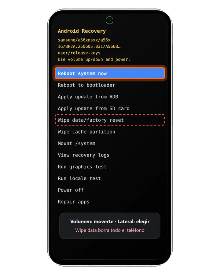 Galaxy A56 5G en el modo de recuperación con Reboot system now resaltado y Wipe data/factory reset señalado como la opción que borra todo