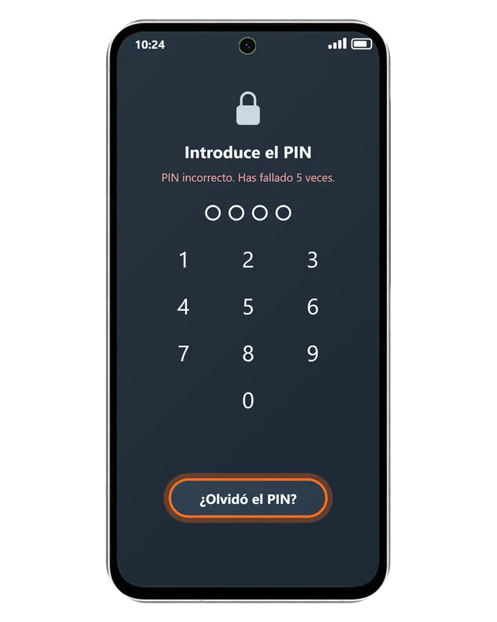 Galaxy A56 5G en la pantalla de bloqueo tras 5 intentos fallidos, con el botón ¿Olvidó el PIN? marcado