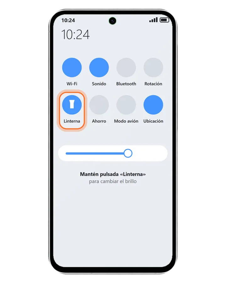 Galaxy A56 5G con el panel rápido abierto y el botón Linterna activado y marcado