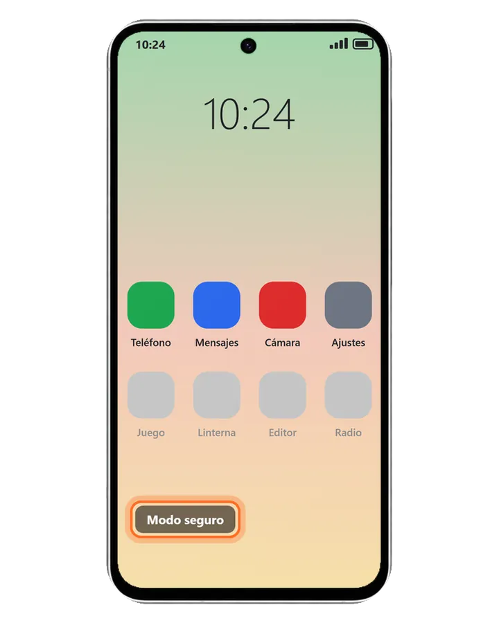 Galaxy A56 5G en modo seguro con el aviso abajo a la izquierda y las apps descargadas en gris