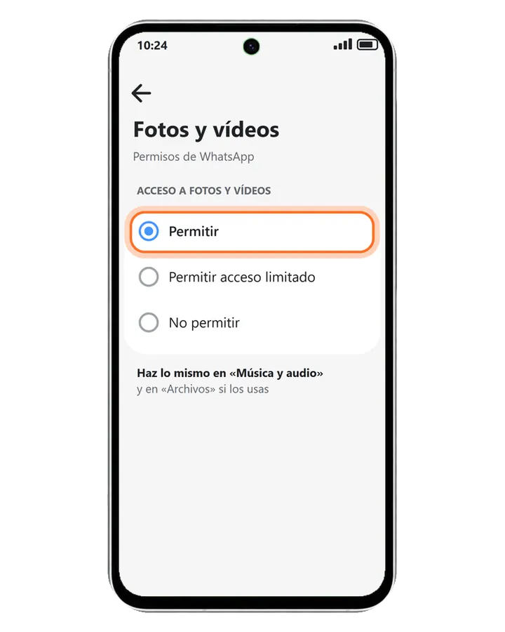 Galaxy A56 5G en los permisos de WhatsApp, Fotos y vídeos, con la opción Permitir marcada