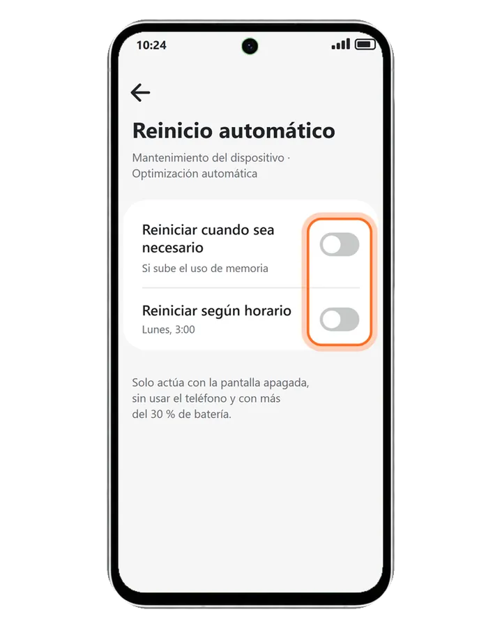 Galaxy A56 5G en Ajustes, Reinicio automático, con Reiniciar cuando sea necesario y Reiniciar según horario desactivados