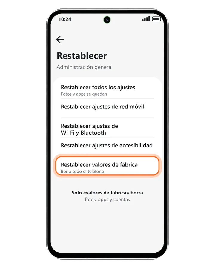 Galaxy A56 5G en Ajustes, Administración general, Restablecer, con Restablecer valores de fábrica marcado