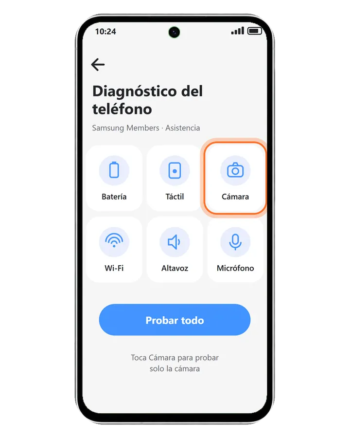 Galaxy A56 5G en Samsung Members, Diagnóstico del teléfono, con la prueba de Cámara marcada junto a las de batería, pantalla, wifi, altavoz y micrófono
