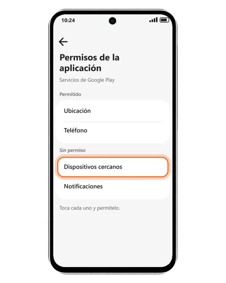 Galaxy A56 5G en los permisos de Servicios de Google Play, con la sección Sin permiso