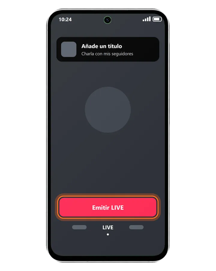 Galaxy A56 5G en TikTok con LIVE elegido, un título de ejemplo y el botón Emitir LIVE