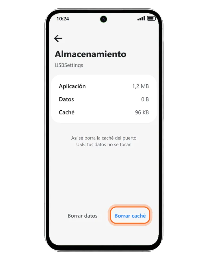 Galaxy A56 5G en Ajustes, Aplicaciones, USBSettings, Almacenamiento, con Borrar caché marcado