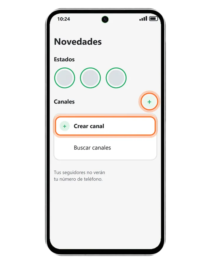 Galaxy A56 5G en la pestaña Novedades de WhatsApp: el botón más de Canales y Crear canal