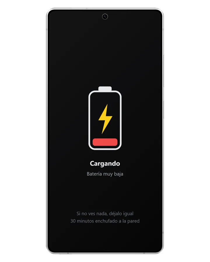 Galaxy S25 Ultra apagado y enchufado con el icono de batería casi vacía y el rayo de carga