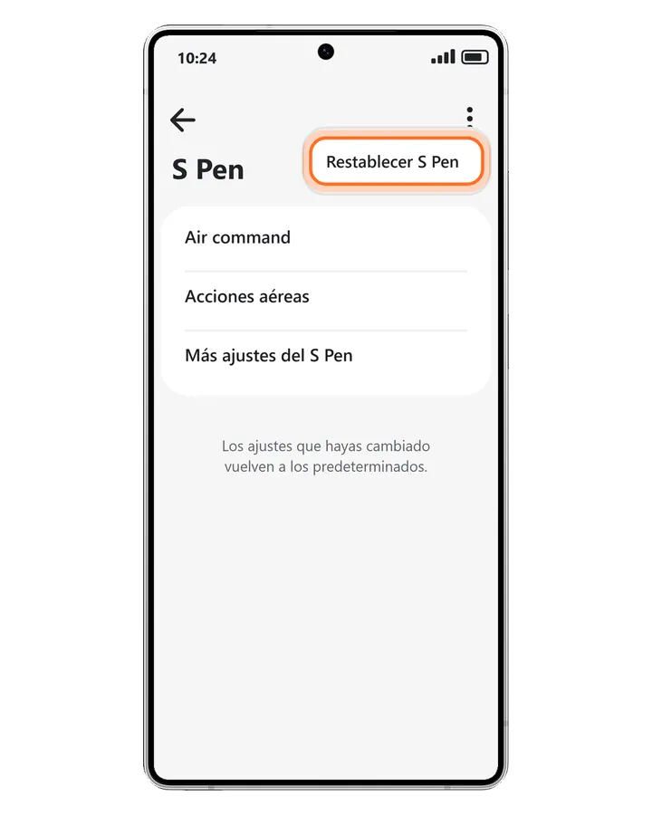 Galaxy S25 Ultra en Ajustes, Funciones avanzadas, S Pen, con el menú de más opciones y Restablecer S Pen