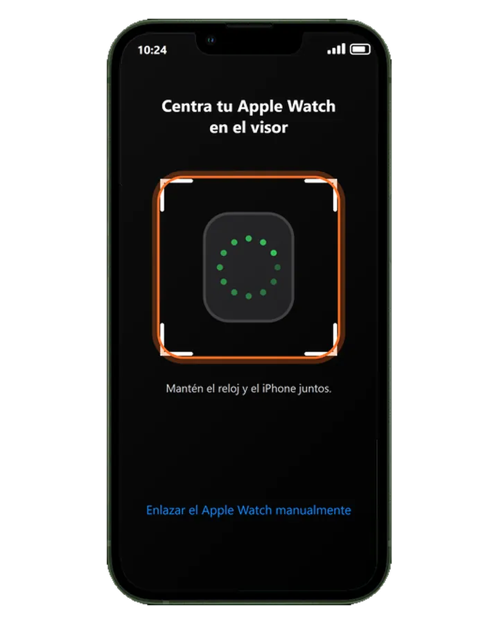 iPhone 13 con el visor para enlazar el Apple Watch y la opción Enlazar el Apple Watch manualmente