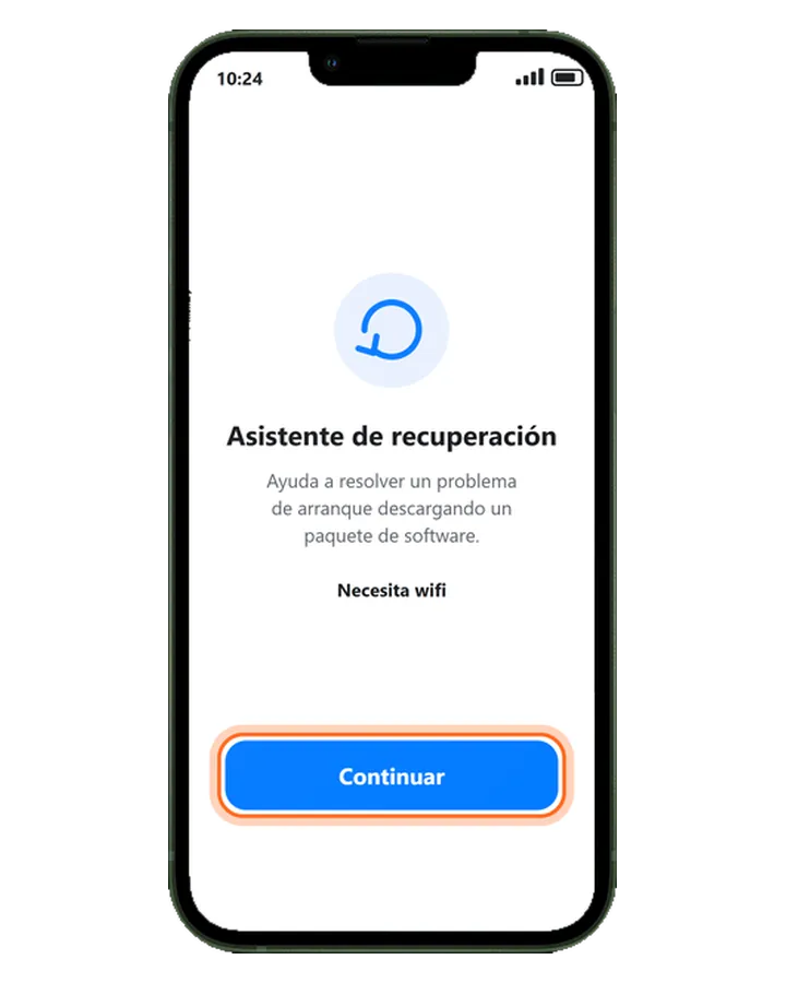 iPhone 13 con la pantalla del Asistente de recuperación de Apple y el botón Continuar marcado
