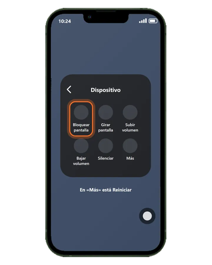 iPhone 13 con el menú de AssistiveTouch abierto en Dispositivo y Bloquear pantalla marcado