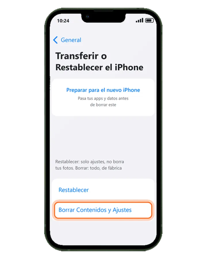 iPhone 13 en Ajustes, General, Transferir o Restablecer el iPhone, con Borrar Contenidos y Ajustes marcado