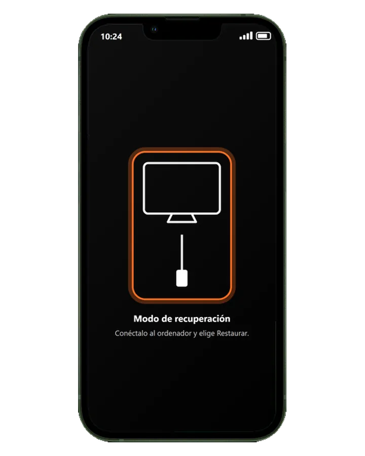 iPhone 13 en modo de recuperación, con el dibujo del ordenador y el cable