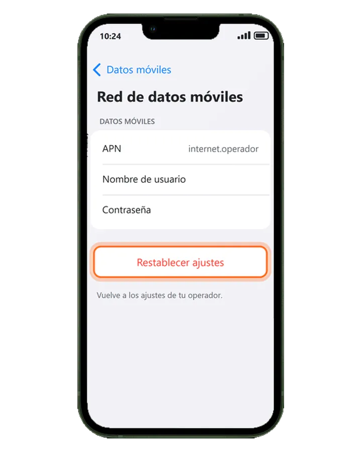 iPhone 13 en Datos móviles, Red de datos móviles, con los campos del APN y el botón Restablecer ajustes