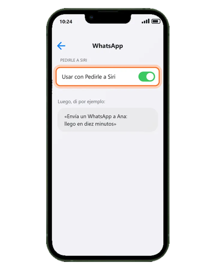 iPhone 13 en Ajustes, Siri, Apps, WhatsApp, con Usar con Pedirle a Siri activado