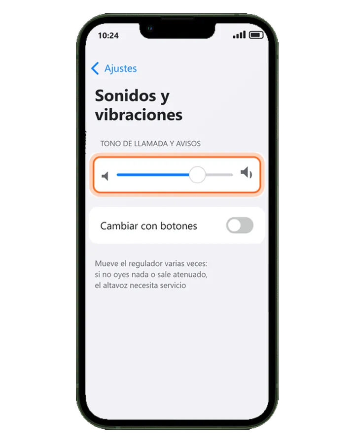 iPhone 13 en Ajustes, Sonidos y vibraciones, con el regulador Tono de llamada y avisos marcado para probar el altavoz