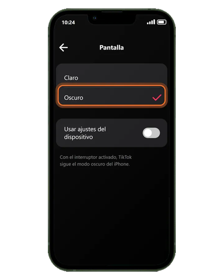 iPhone 13 en TikTok, Ajustes y privacidad, Pantalla: Claro, Oscuro y Usar ajustes del dispositivo