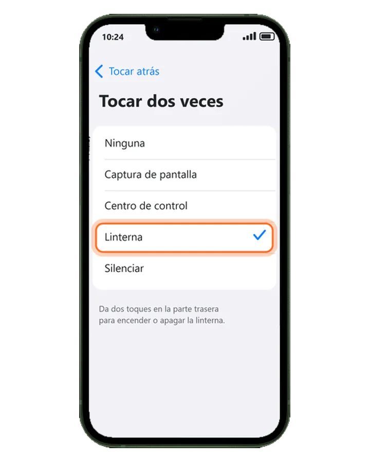iPhone 13 en Accesibilidad, Tocar, Tocar atrás, Tocar dos veces, con la acción Linterna marcada