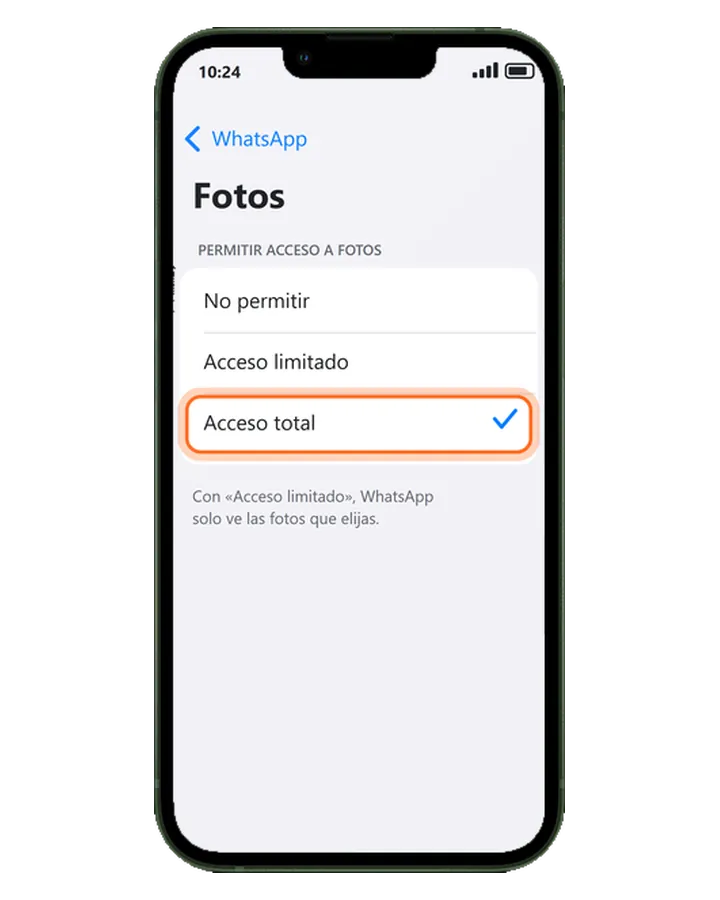 iPhone 13 en Ajustes, Apps, WhatsApp, Fotos, con Acceso total marcado y las opciones Acceso limitado y No permitir