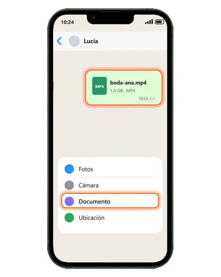 iPhone 13 con un chat de WhatsApp: un vídeo MP4 enviado como documento y el menú de adjuntar con Documento