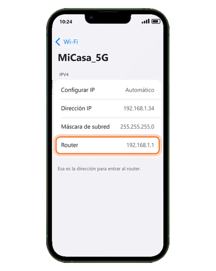 iPhone 13 en los detalles de una red Wi-Fi: la fila Router con la dirección del router