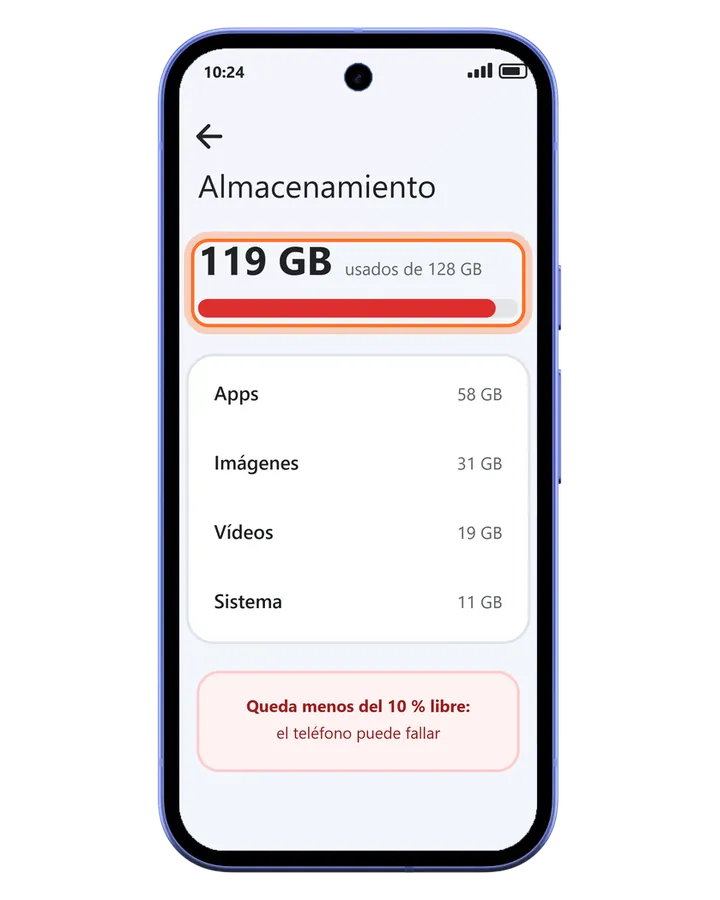 Pixel 10a en Ajustes, Almacenamiento, con 119 de 128 GB usados y el aviso de que queda menos del 10 % libre