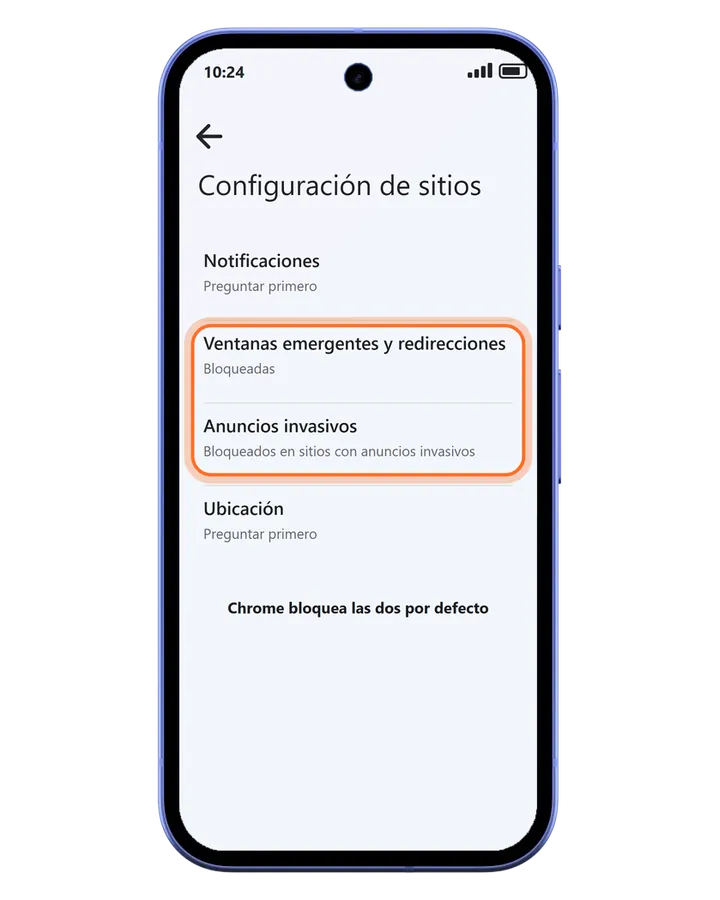 Pixel 10a en Chrome, Configuración de sitios: Ventanas emergentes y redirecciones y Anuncios invasivos bloqueados