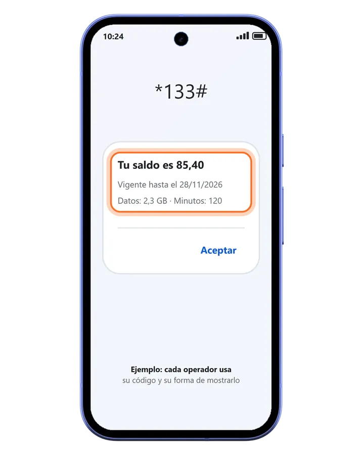 Pixel 10a tras marcar un código de saldo: una ventana con el saldo, la vigencia y los datos y minutos que quedan