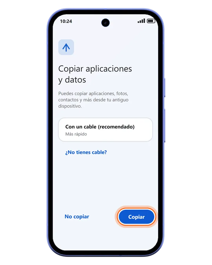 Pixel 10a en la configuración inicial: Copiar aplicaciones y datos, con cable o sin cable, y el botón Copiar