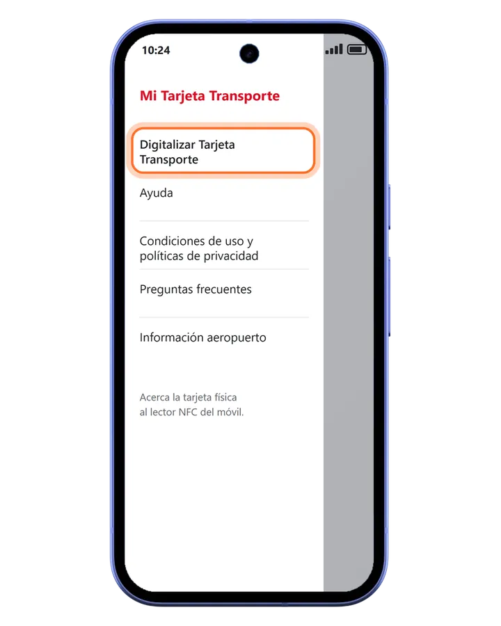 Pixel 10a en la app Mi Tarjeta Transporte con el menú abierto y Digitalizar Tarjeta Transporte