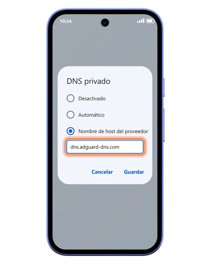 Pixel 10a con la ventana DNS privado y un nombre de host de proveedor escrito