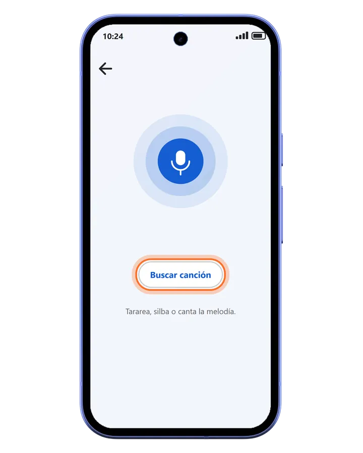 Pixel 10a en la app de Google con el micrófono escuchando y el botón Buscar canción