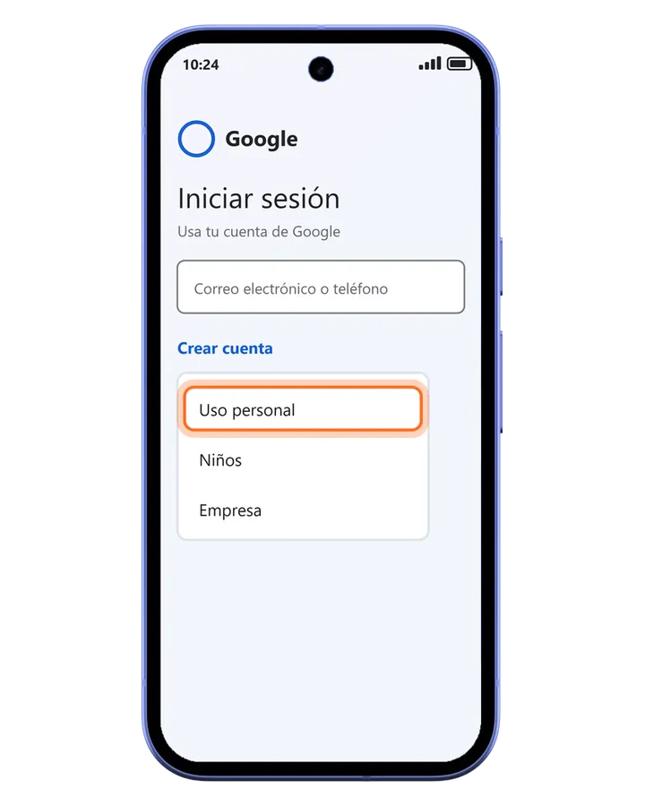 Pixel 10a en el inicio de sesión de Google con Crear cuenta abierto: Uso personal, Niños y Empresa