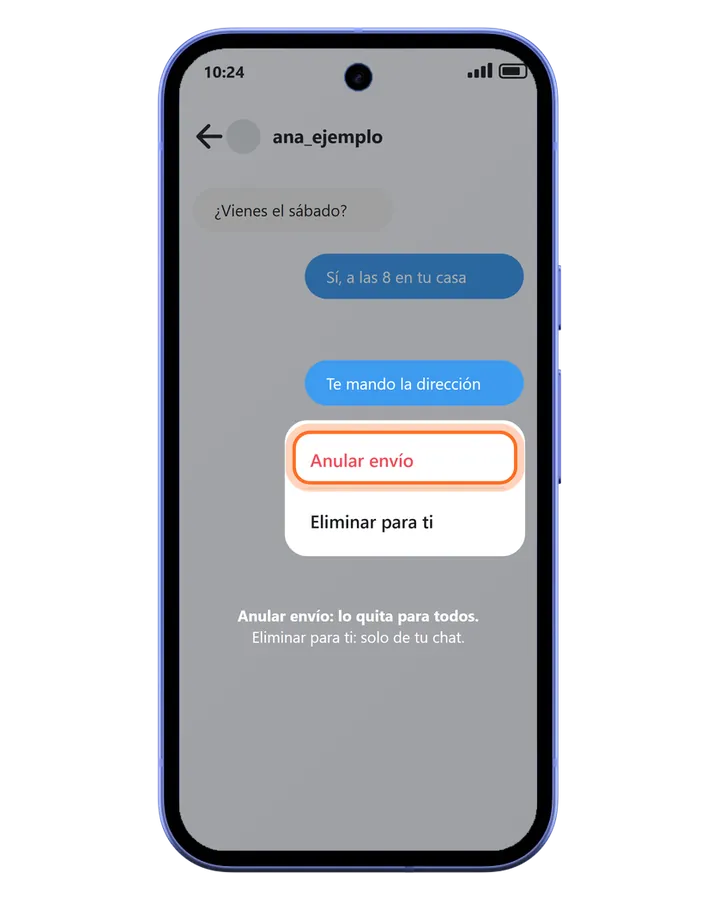 Pixel 10a en un chat de Instagram con un mensaje mantenido pulsado: Anular envío y Eliminar para ti