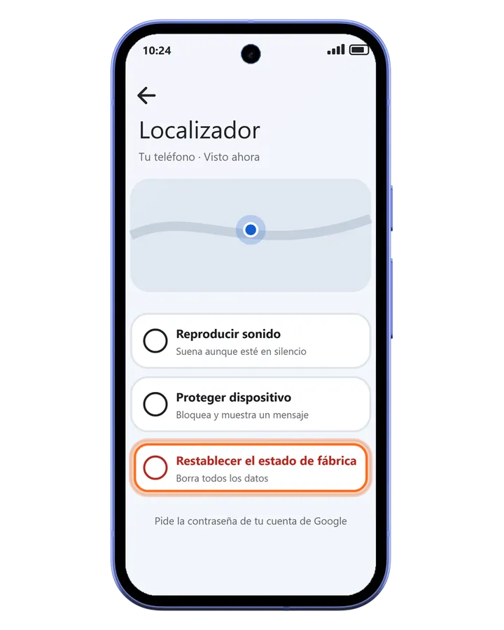 Pixel 10a con el Localizador de Google: el teléfono en el mapa y la opción Restablecer el estado de fábrica marcada