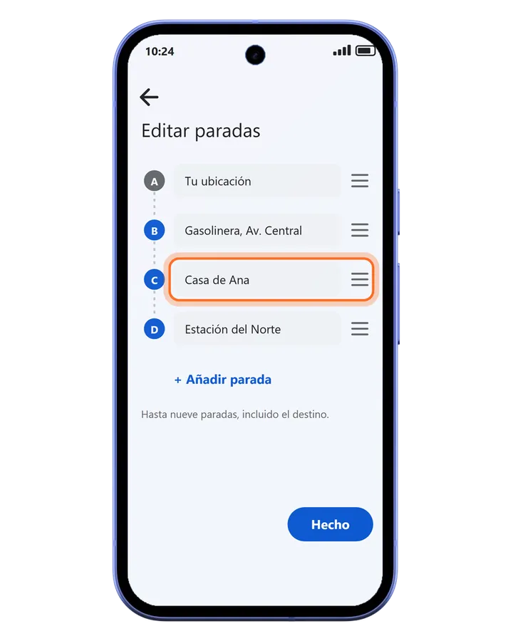 Pixel 10a en Google Maps: Editar paradas con varias paradas, Añadir parada y Hecho