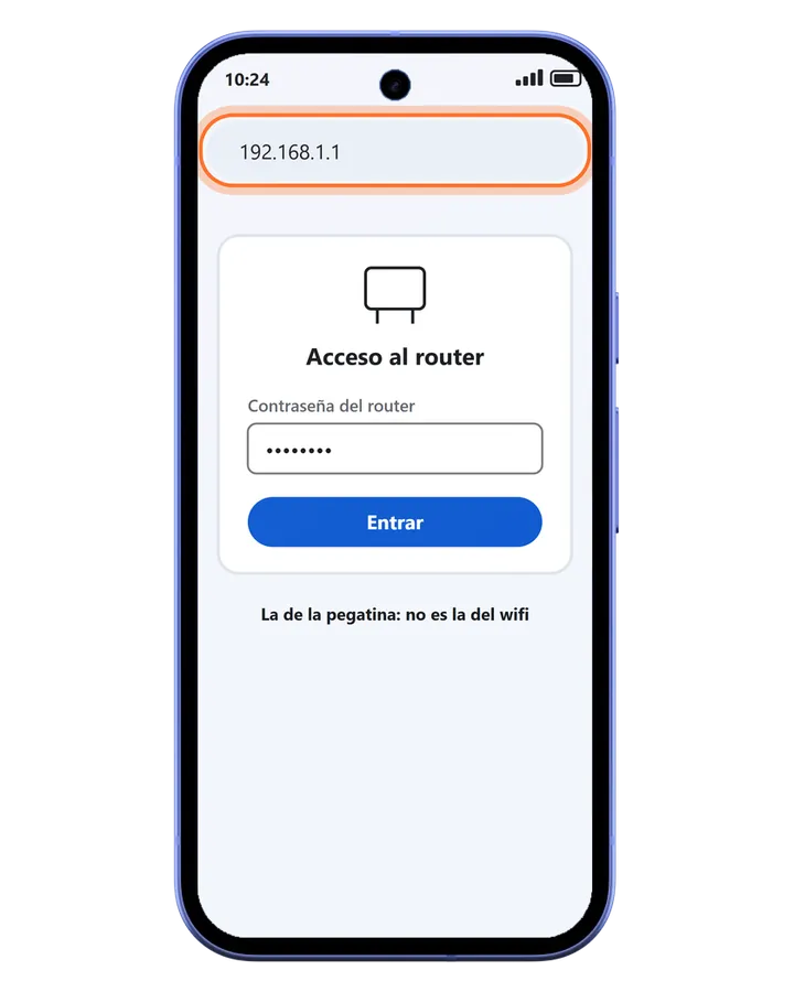 Pixel 10a con el navegador en 192.168.1.1 y la página de acceso al router